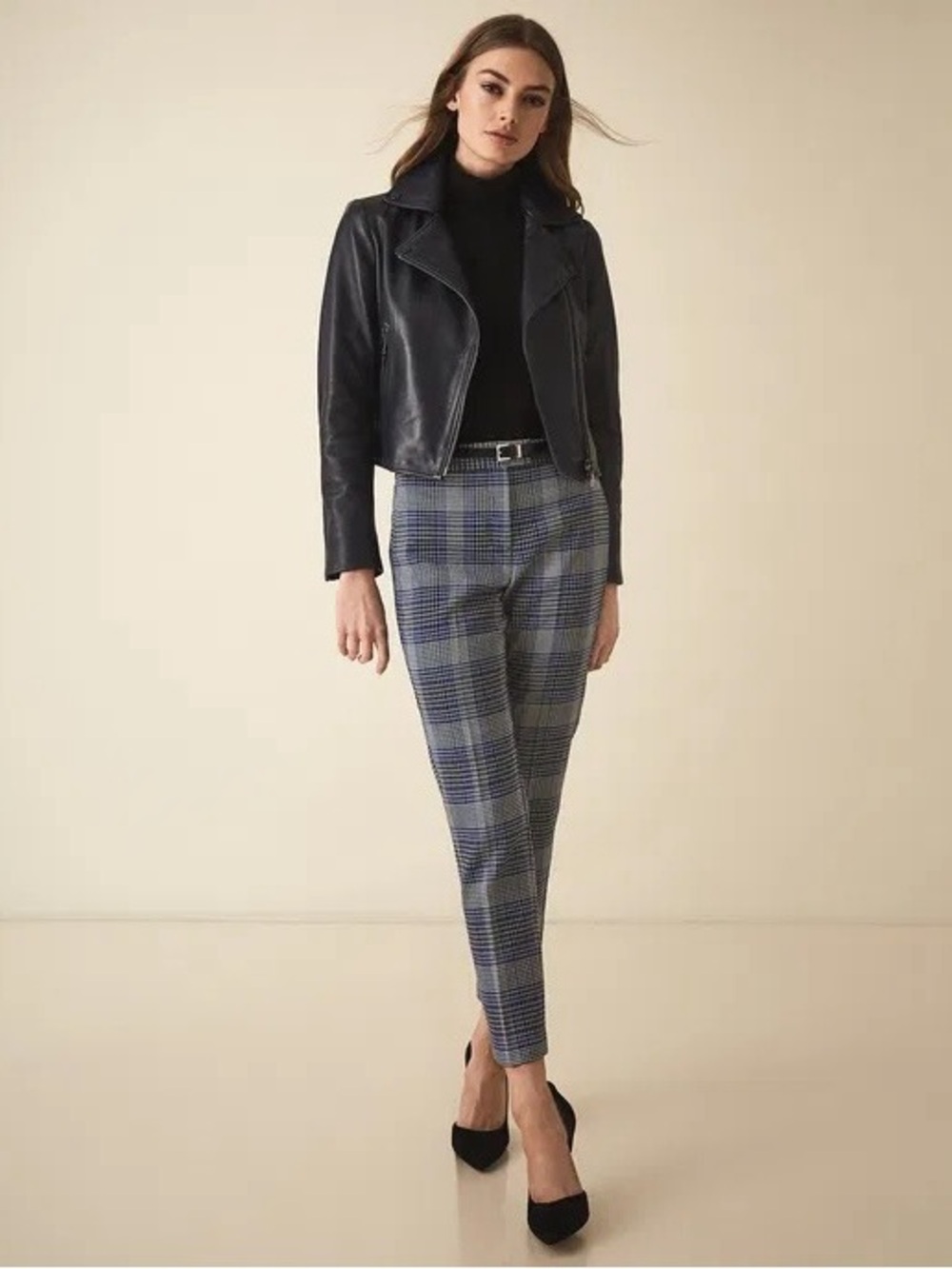 Reiss Josie Tailored Trousers in Blue & Black Check Size 8